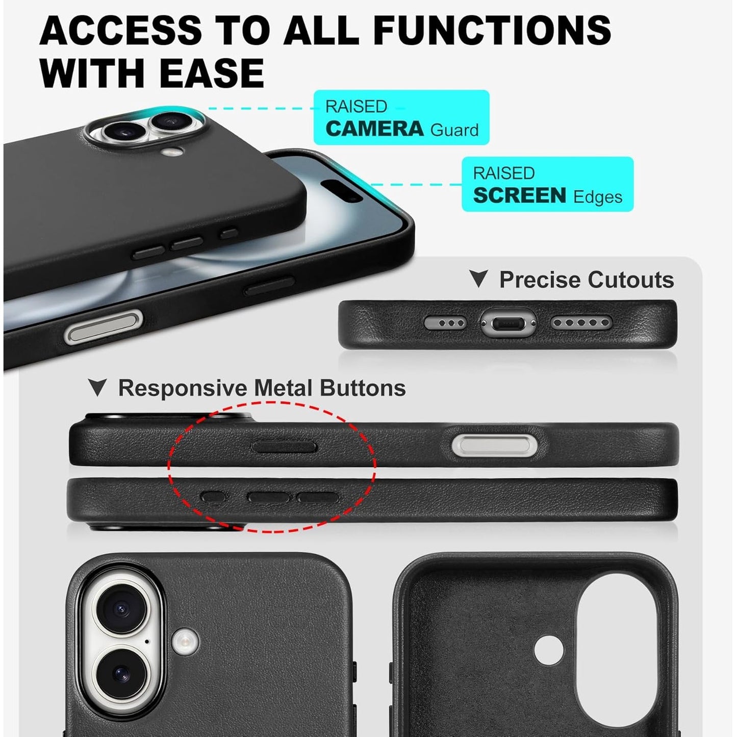 TUCCH Case for iPhone 16, [Magnetic Wireless Charging] Anti-Slip PU Leather Shockproof Phone Case, Slim Anti-Fingerprint Lightweight Protective Back Cover Compatible with iPhone 16 6.1" 2024, Black