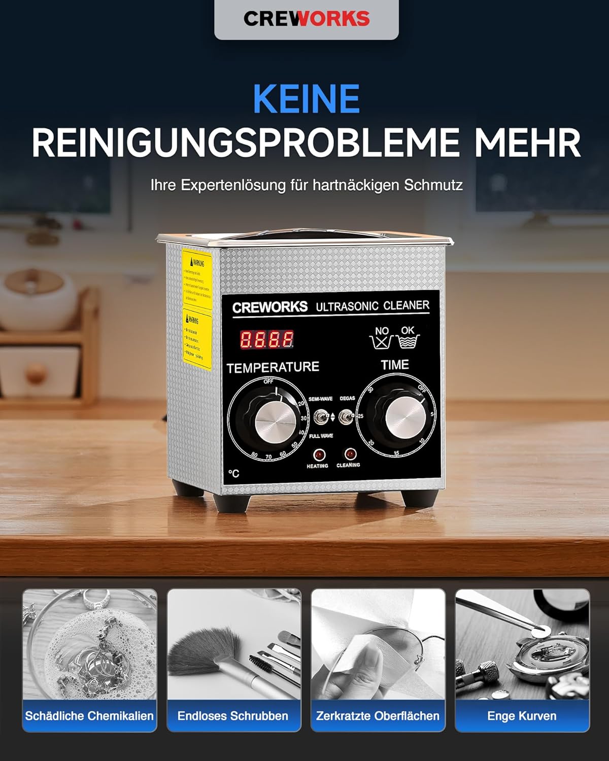 CREWORKS Ultrasonic Cleaning Device Stainless Steel 1.3 L Ultrasonic Cleaner with Heating Timer Ultrasonic Cleaner for Dentures Jewellery Glasses Watches Glasses Ultrasonic Cleaning Device with