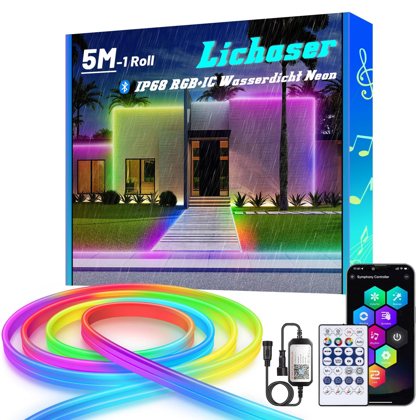 Lichaser 20 m RGB+IC Flexible Neon LED Strip Outdoor, Bluetooth Outdoor IP68 Neon LED Strip Sync with Music, 24 V DIY LED Strip Light Outdoor Waterproof for Patio, Garden Lighting (10 m x 2)