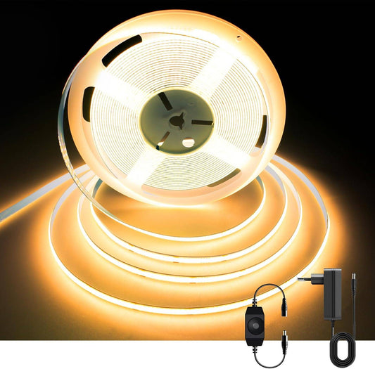 AXMOTUT COB LED Strip 10 m, Warm White 2700 K 24 V 320 LEDs/M CRI90 LED Strip Light, Dimmable LED Strip with Power Supply, for Home Party Decoration, DIY Decoration