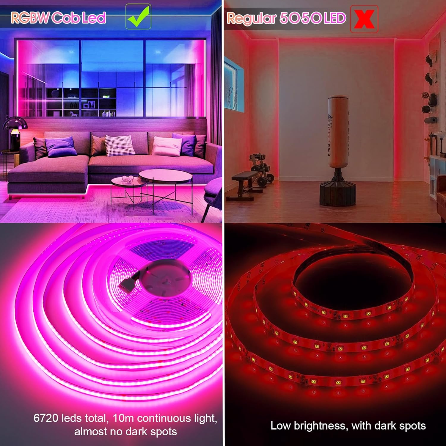 INDARUN RGBW Cob Led Strip Light 10m, 24V 8A 10m RGBW WiFi Led Strip Set with APP & Remote Control, 672LEDs/Meter Led Tape Light Kit for Home Decoration, Compatible with Alexa/Google Home