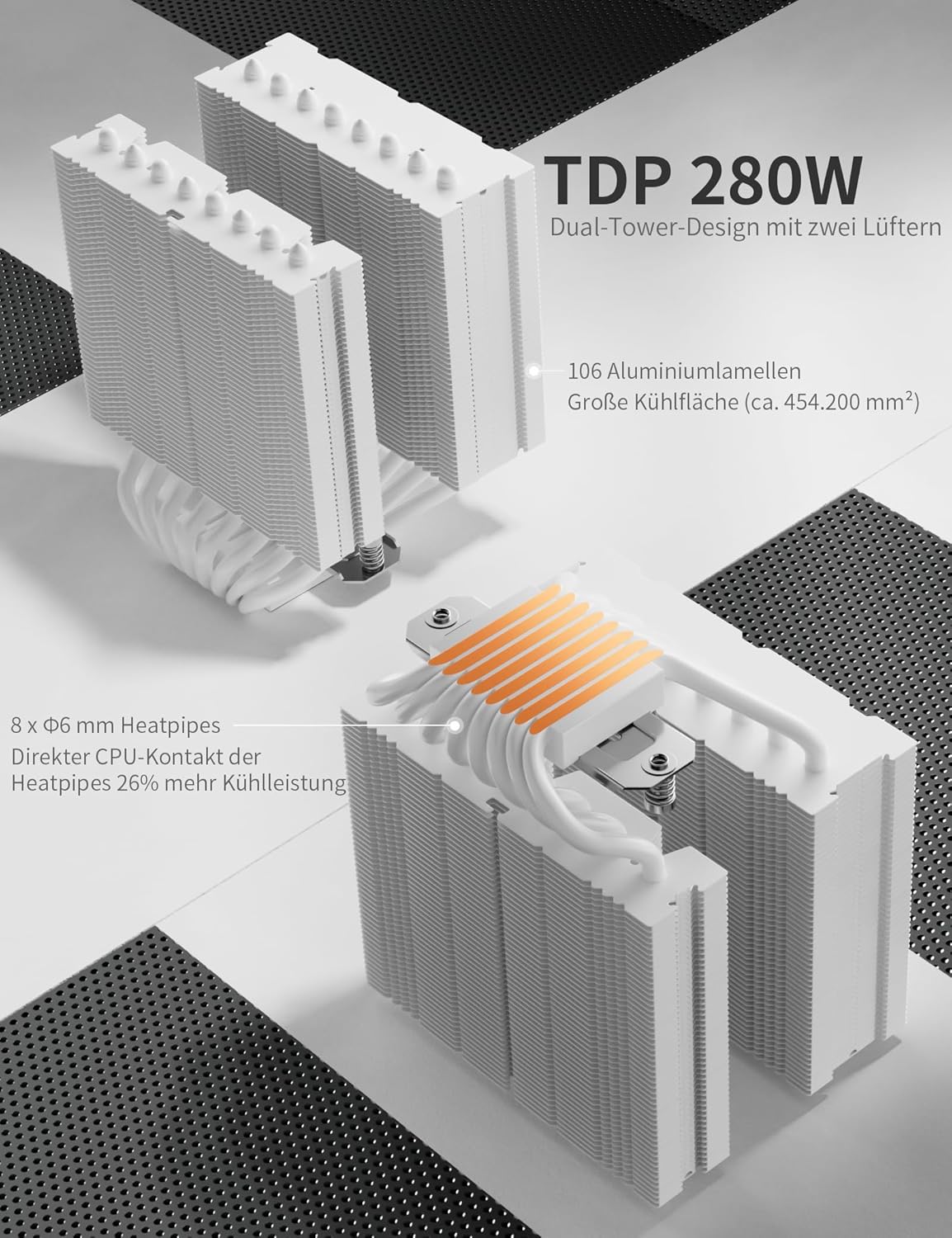 upHere UE2 Elite TC8C CPU Cooler ARGB 120 mm, Dual Tower with 8 Heatpipes, TDP 280W, Processor Fan for AM5/AM4/AM3 Intel 1851/1700/115x/1200, Quiet PC Cooler