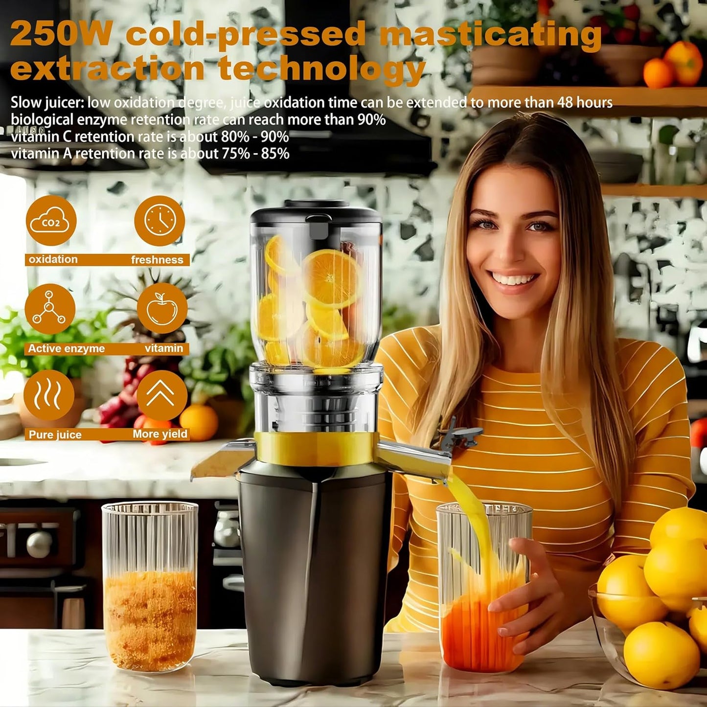 Fyenkfar Juicer Vegetable and Fruit Test Winner - Slow Juicer for More Vitamin and Enzymes, Fruit and Vegetables in Their Purest Form - for Healthy Eating and Family Celebrations (Black)
