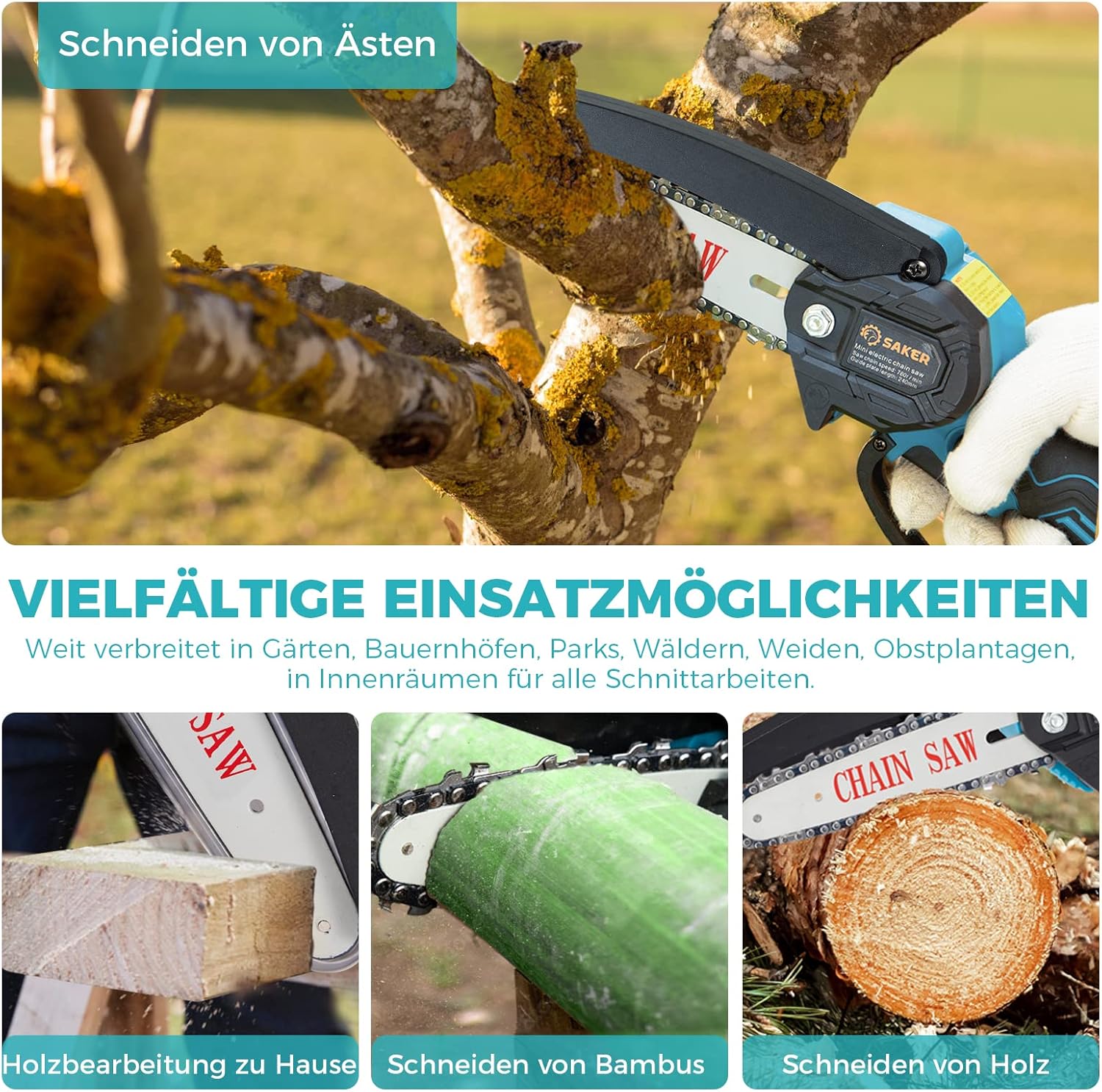 Saker Mini Kettensäge mit Akku 6 inch, kabellose elektrisch mit 2 Ketten und 2 Batterie, 15 cm mit Sicherheitstaste Einhand, Handkettensäge zum Schneiden von Äste und Garten