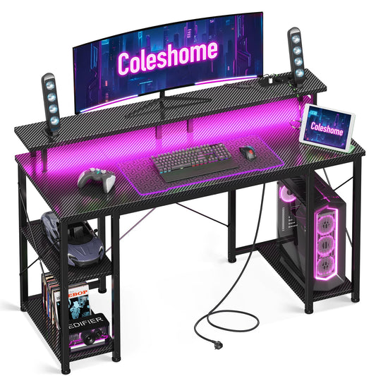 Birou gaming 120x50 cm cu LED si USB/Prize Coleshome, suport monitor