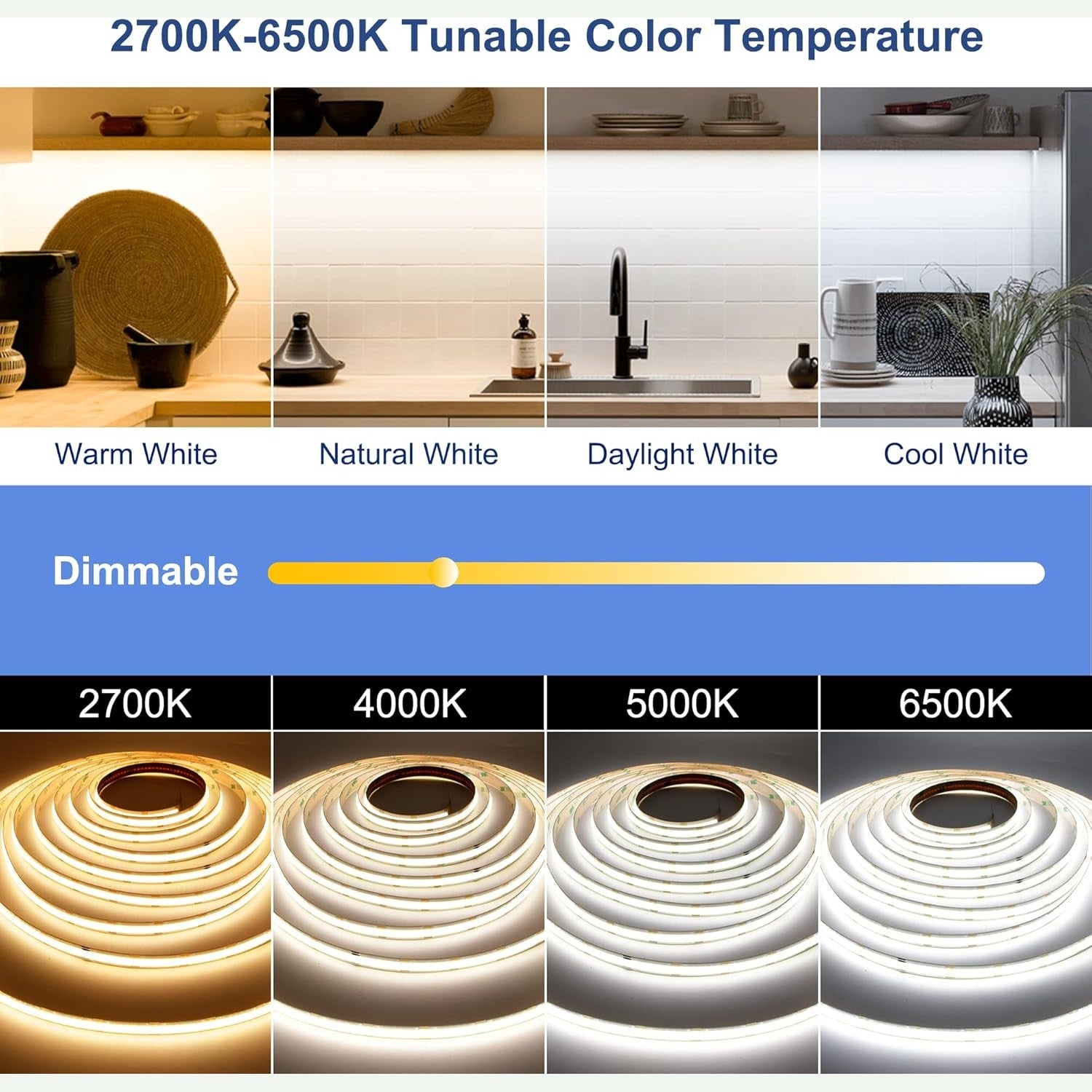 TTWAY CCT COB LED Strip Light 5M Dimmable Kit, Tunable White LED Strip Light 2700-6500K, 24V Strip Lights with RF Control & UKCA Adapter CRI90+, Ultra Bright Dual White LED Strip for Kitchen, Bedroom