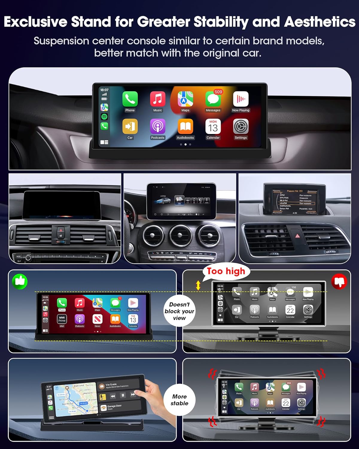 Navigatie Auto 10.26 inch cu Apple CarPlay si Android Auto, Ecran Multimedia Masina cu GPS, Bluetooth, Wi-Fi, Control Vocal Siri/Google, Montaj cu Suport Baza, Actualizare OTA – Model 2025