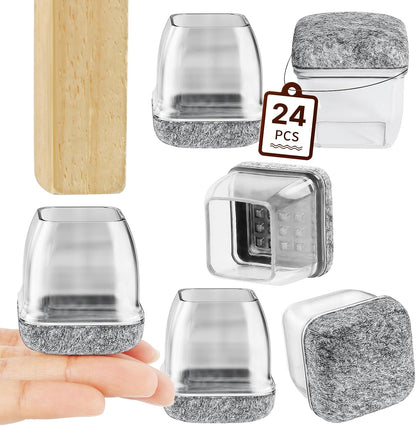 Capace RCHYFEED pentru picioare de scaun, patrate, din silicon transparent cu pasla, set 24, marimea Medium, 22-25 mm, gri transparent