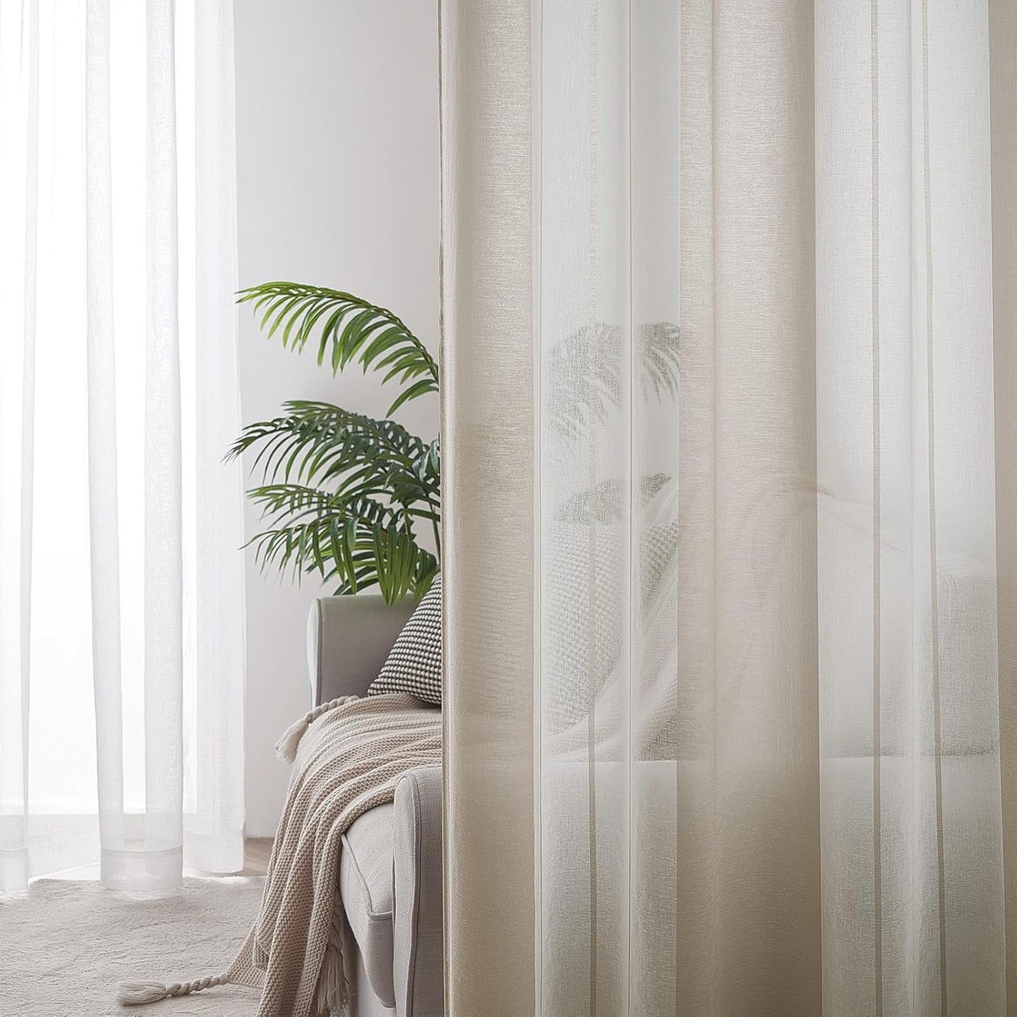 MRTREES Voile Curtains 102 Drop 2 Panels Cream and White Eyelet Voile Curtain with Stripe Design Semi Sheer Curtains For Kids Living Room Bedroom Kitchen Curtains 55x102 Inch 140x260 cm
