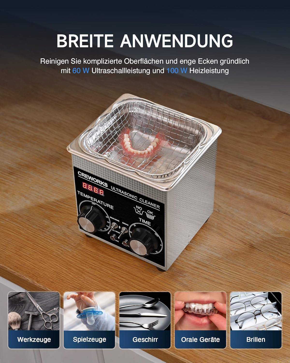 CREWORKS Ultrasonic Cleaning Device Stainless Steel 1.3 L Ultrasonic Cleaner with Heating Timer Ultrasonic Cleaner for Dentures Jewellery Glasses Watches Glasses Ultrasonic Cleaning Device with