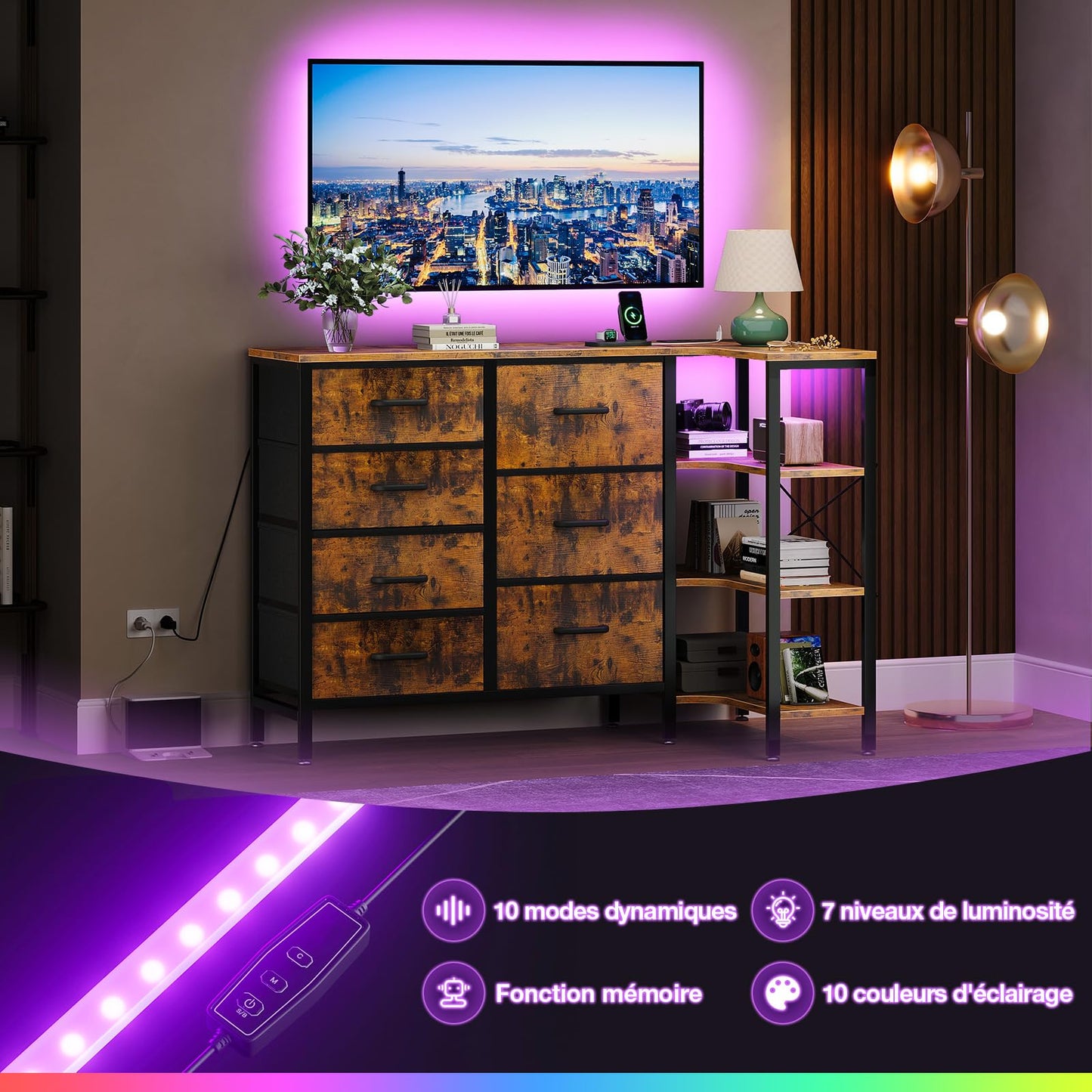 Comoda coltar Coleshome cu 7 sertare textile, LED si prize USBAC