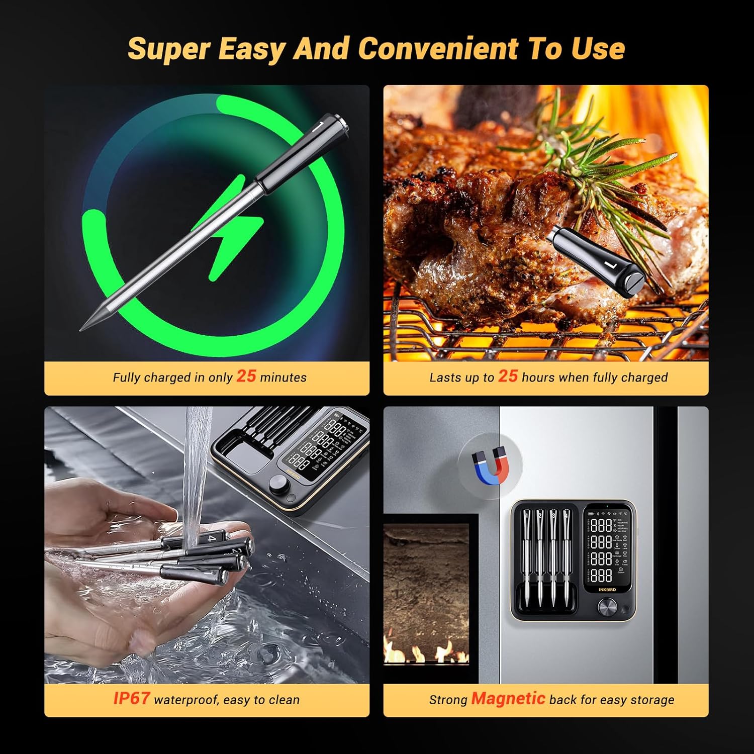 Inkbird INT-14-BW Meat Thermometer Wireless, Smart Grill Thermometer WiFi 2.4G and Bluetooth 5.4 Signal 91 m, Oven Thermometer for Oven, Grill, Smoker, Rotisserie Airfryer Oven