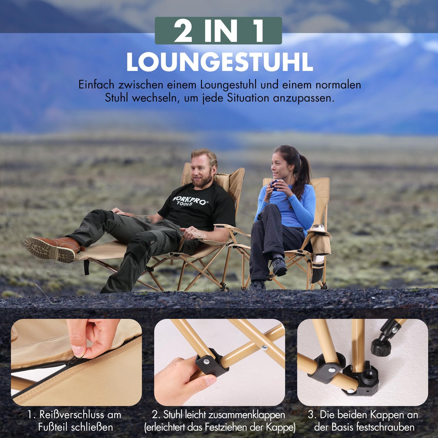 Scaun camping VILLEY pliabil cu suport picioare 150 kg kaki