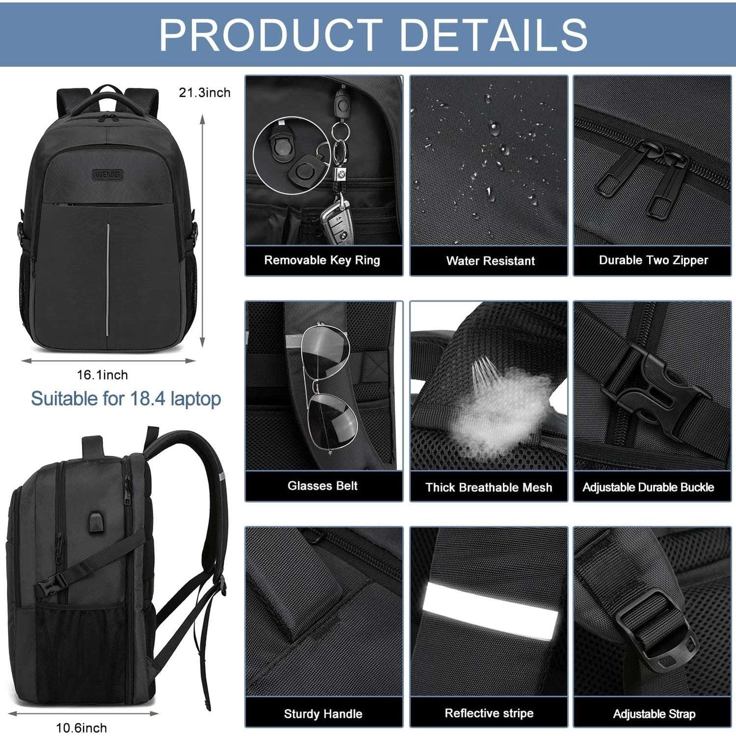 18.4 Laptop Backpack,Extra Large Travel Backpack for Men 55L,Water Resistant Laptop Backpack Work bag with USB Charging Port Business TSA Approved Computer Rucksack for Men Women College School,Black