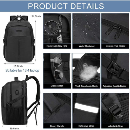 18.4 Laptop Backpack,Extra Large Travel Backpack for Men 55L,Water Resistant Laptop Backpack Work bag with USB Charging Port Business TSA Approved Computer Rucksack for Men Women College School,Black