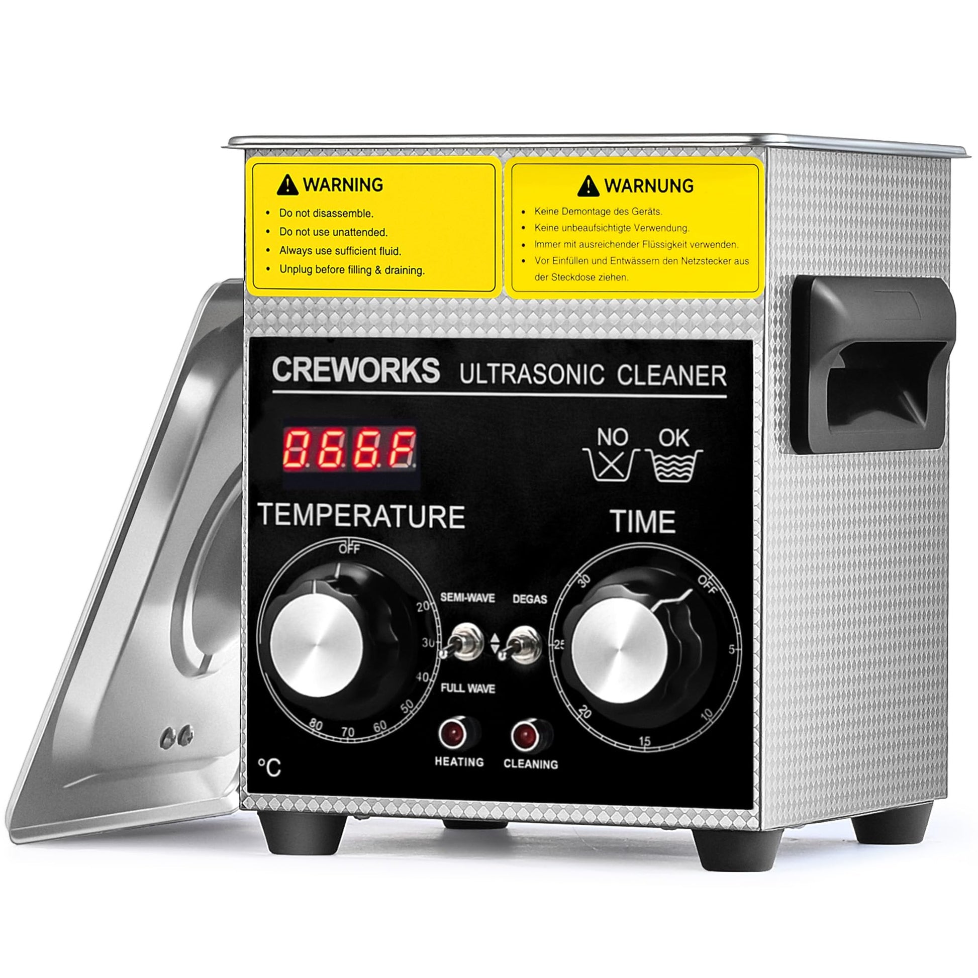 CREWORKS Ultrasonic Cleaning Device Stainless Steel 1.3 L Ultrasonic Cleaner with Heating Timer Ultrasonic Cleaner for Dentures Jewellery Glasses Watches Glasses Ultrasonic Cleaning Device with