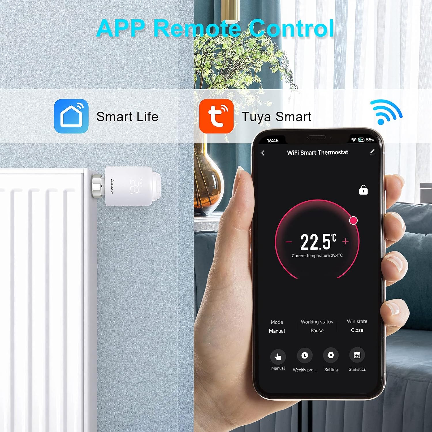 SALCAR Smart Radiator Thermostat WiFi Thermostat Compatible with Amazon Alexa & Google Assistant Programmable Heating Thermostat Tuya Radiator No Gateway Required
