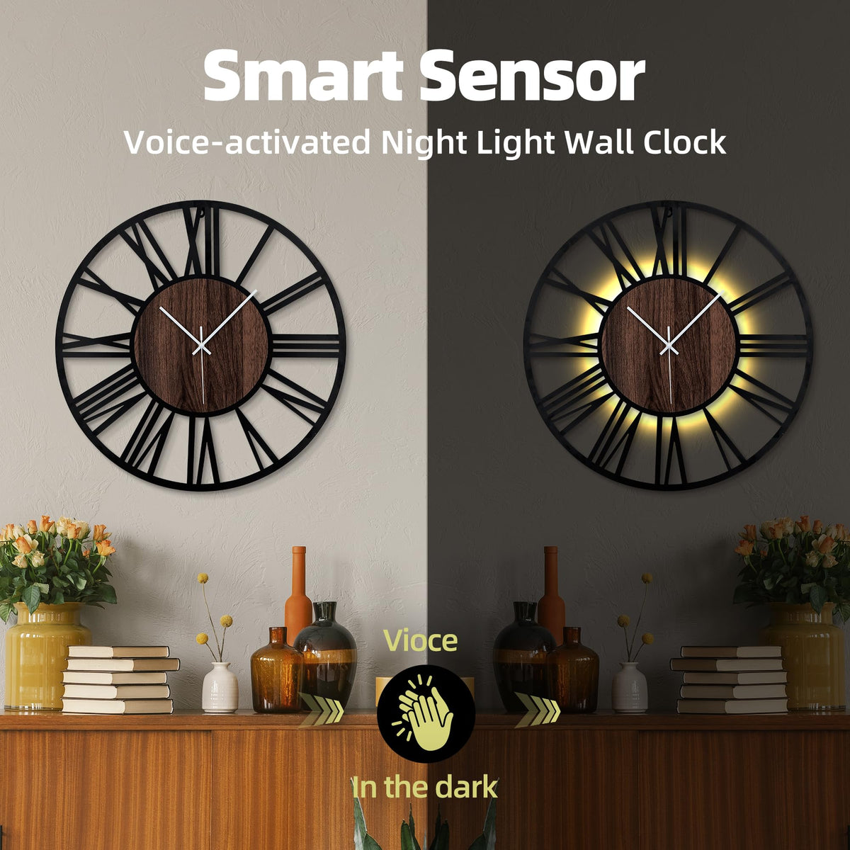Ceas de perete metalic 24 inch cu senzor lumina si sunet