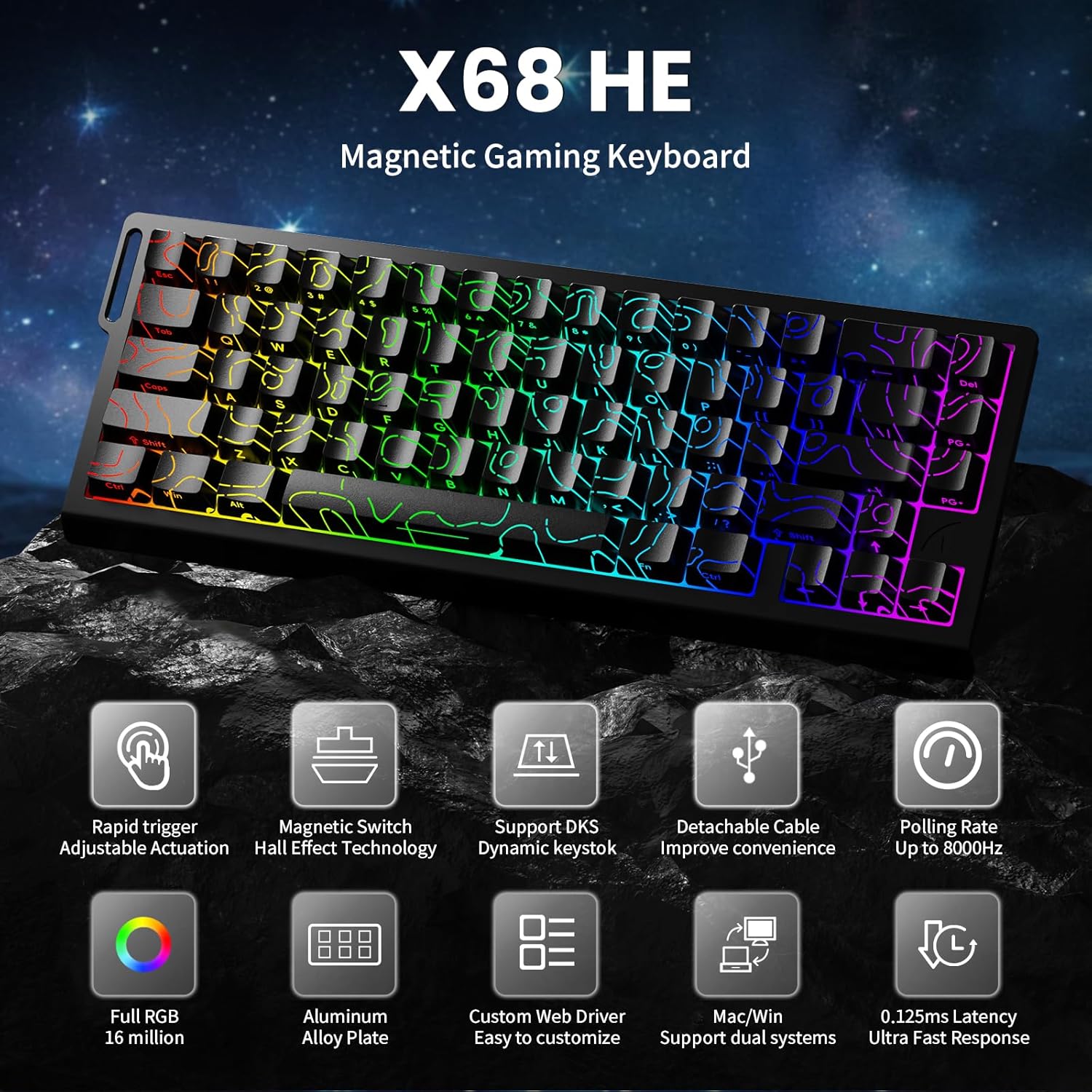 ATTACK SHARK X68 HE 8000Hz Rapid Trigger Keyboard, 0.01mm RT Accuracy Wired Gaming Keyboard with Magnetic Switch, Adjustable Actuation, Rapid Trigger, Snap Tap, RGB Lighting for PC/Mac, Black Contours