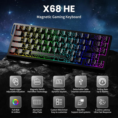ATTACK SHARK X68 HE 8000Hz Rapid Trigger Keyboard, 0.01mm RT Accuracy Wired Gaming Keyboard with Magnetic Switch, Adjustable Actuation, Rapid Trigger, Snap Tap, RGB Lighting for PC/Mac, Black Contours