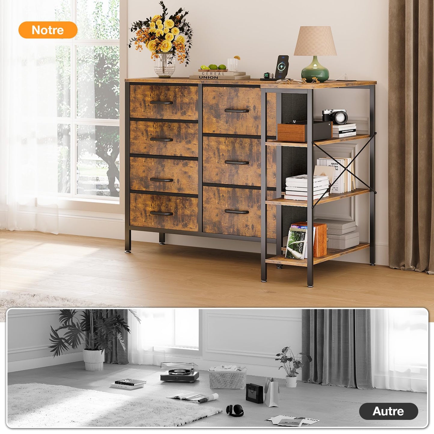 Comoda coltar Coleshome cu 7 sertare textile, LED si prize USBAC