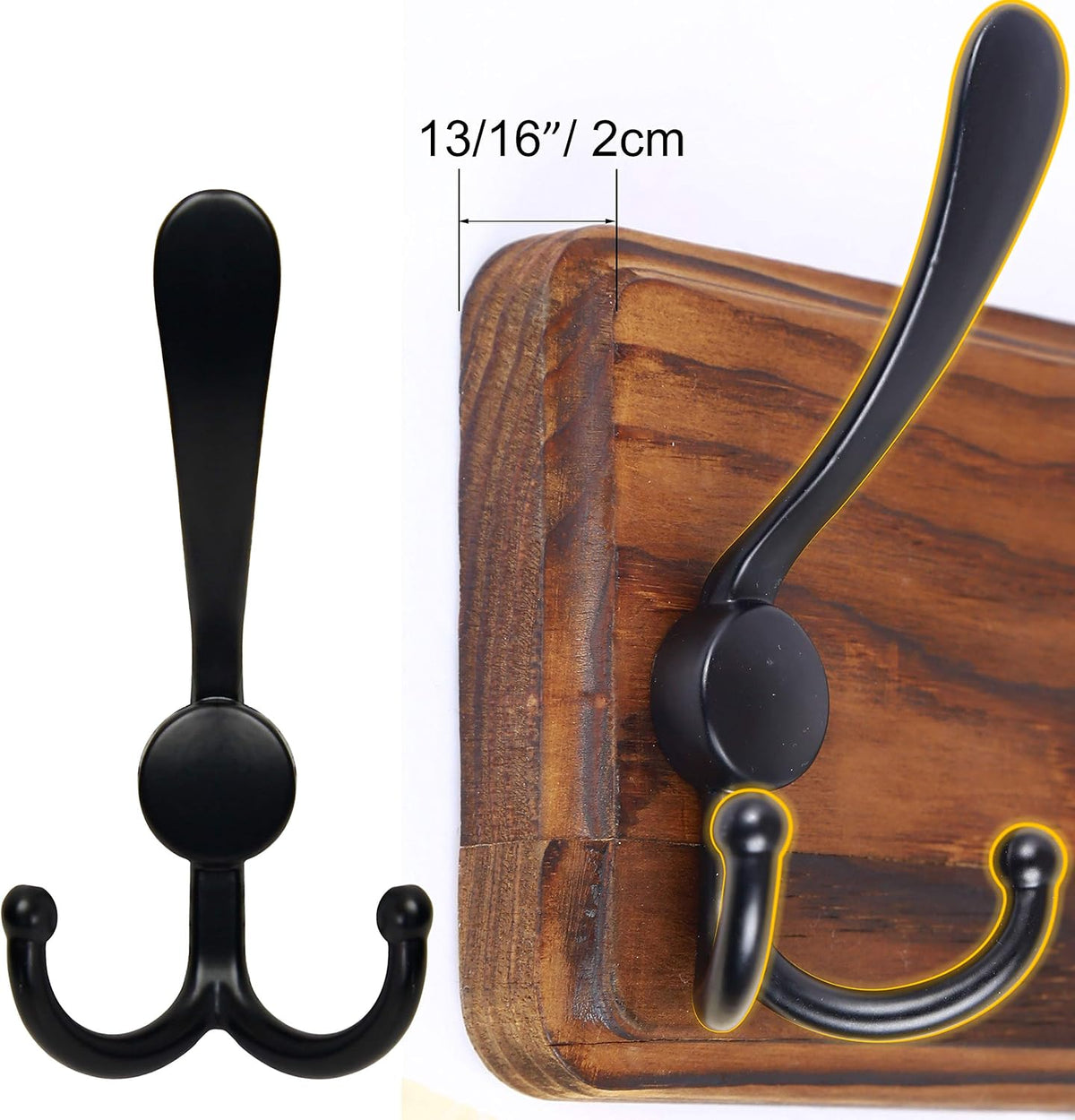 Cuier de perete SKOLOO din lemn, vintage, cu 10 carlige triple, marimea 1 Artikel-10 Hakens, maro cu carlige negre