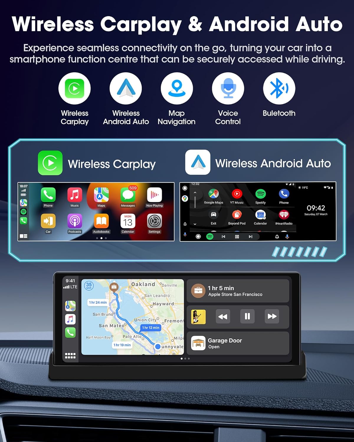 Navigatie Auto 10.26 inch cu Apple CarPlay si Android Auto, Ecran Multimedia Masina cu GPS, Bluetooth, Wi-Fi, Control Vocal Siri/Google, Montaj cu Suport Baza, Actualizare OTA – Model 2025