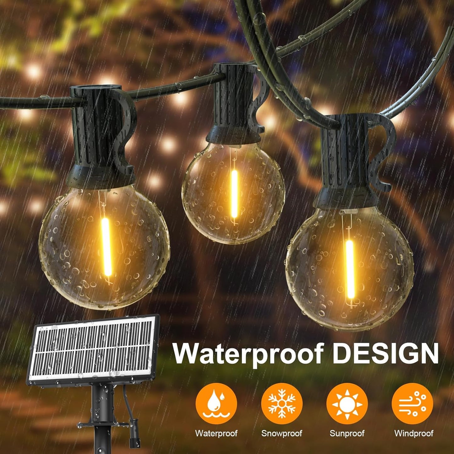 Solar Fairy Lights Outdoor, 30.6 m Fairy Lights Bulbs Outdoor 50 + 2 LEDs G40 Bulbs, Waterproof 4 Mode Solar Garden Garland Lights for Patio, Backyard, Balcony, Party (USB Powered)