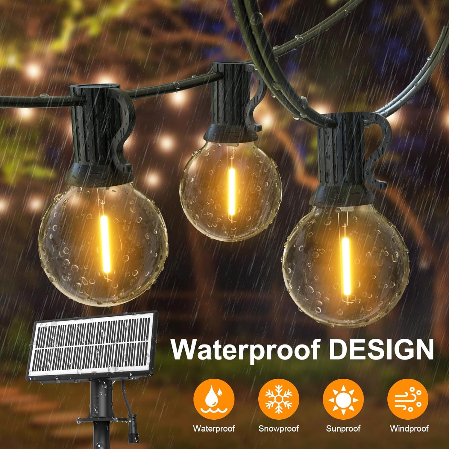 Solar Fairy Lights Outdoor, 30.6 m Fairy Lights Bulbs Outdoor 50 + 2 LEDs G40 Bulbs, Waterproof 4 Mode Solar Garden Garland Lights for Patio, Backyard, Balcony, Party (USB Powered)