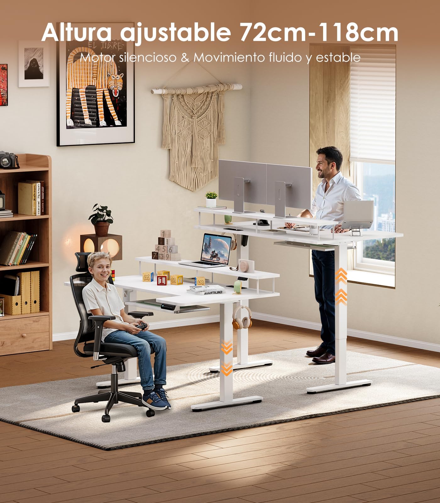 Birou reglabil OffiGo U Forma 140 cm electric cu LED si USB