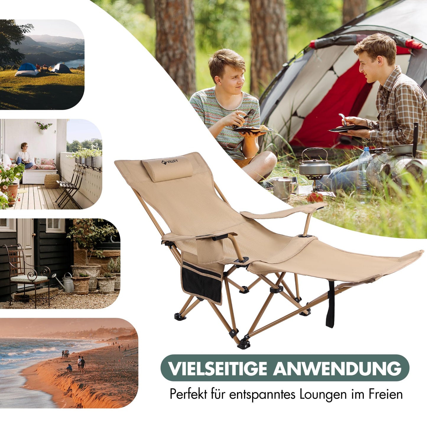 Scaun camping VILLEY pliabil cu suport picioare 150 kg kaki