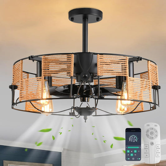 Ganeed Ceiling Fans with Lights Industrial Style Farmhouse 49cm Chandeliers Boho Rattan Caged Lamp Hanging Pendant E27 with Remote Control Black 4 Lights