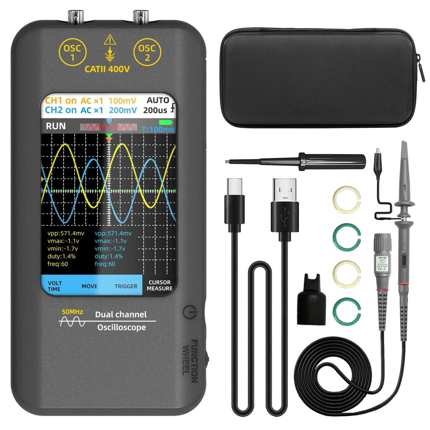 Osciloscop digital 2 canale 50MHz + generator semnal BSIDE, touchscreen 3.98"