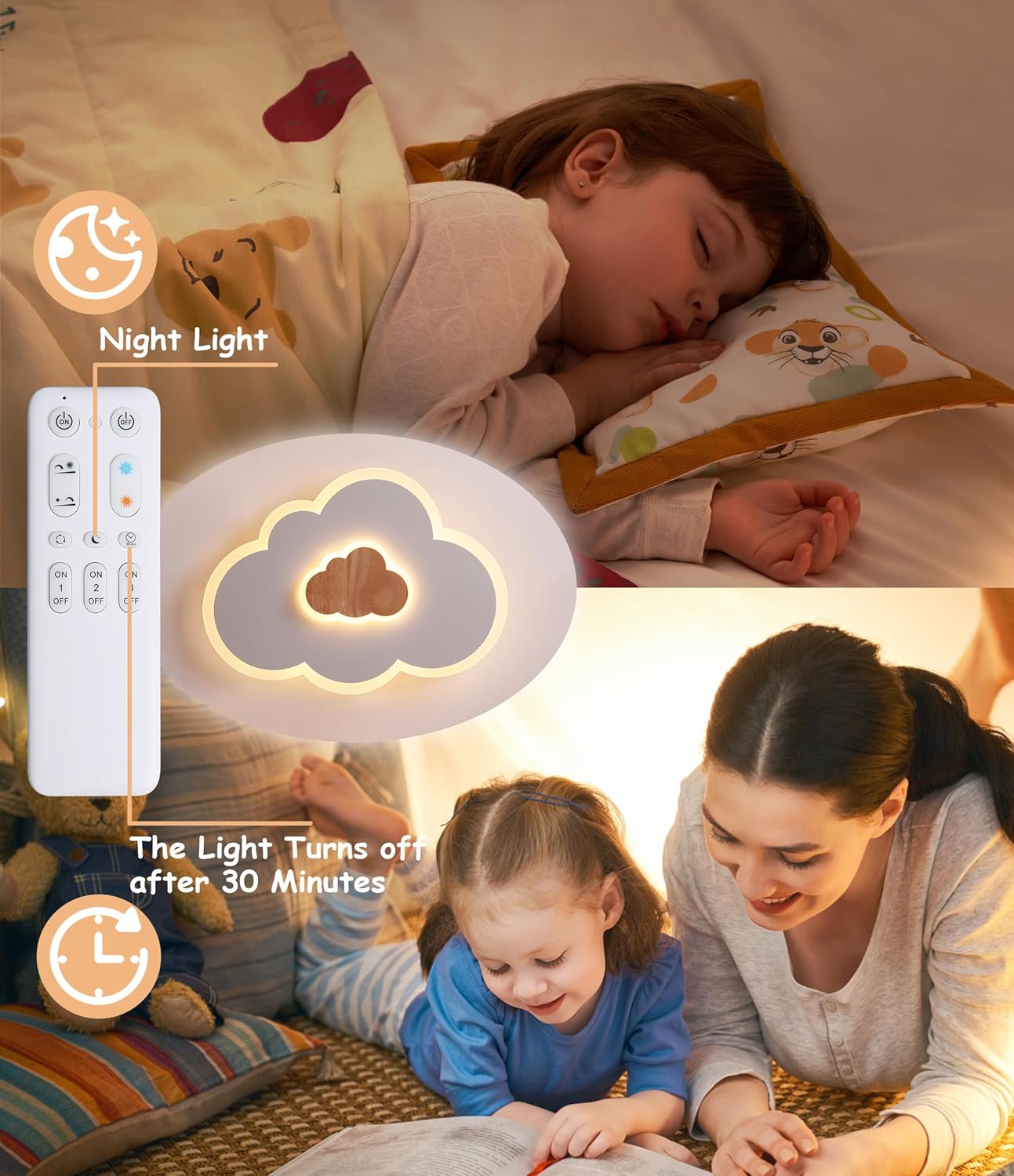 FANLG LED Ceiling Light, 40CM Cloud Light Dimmable Ceiling Lamp with Remote Control 3000-6000K, Kids Night Light 20W Wood Ceiling Light for Kids Room/Living Room/Bedroom/Hallway