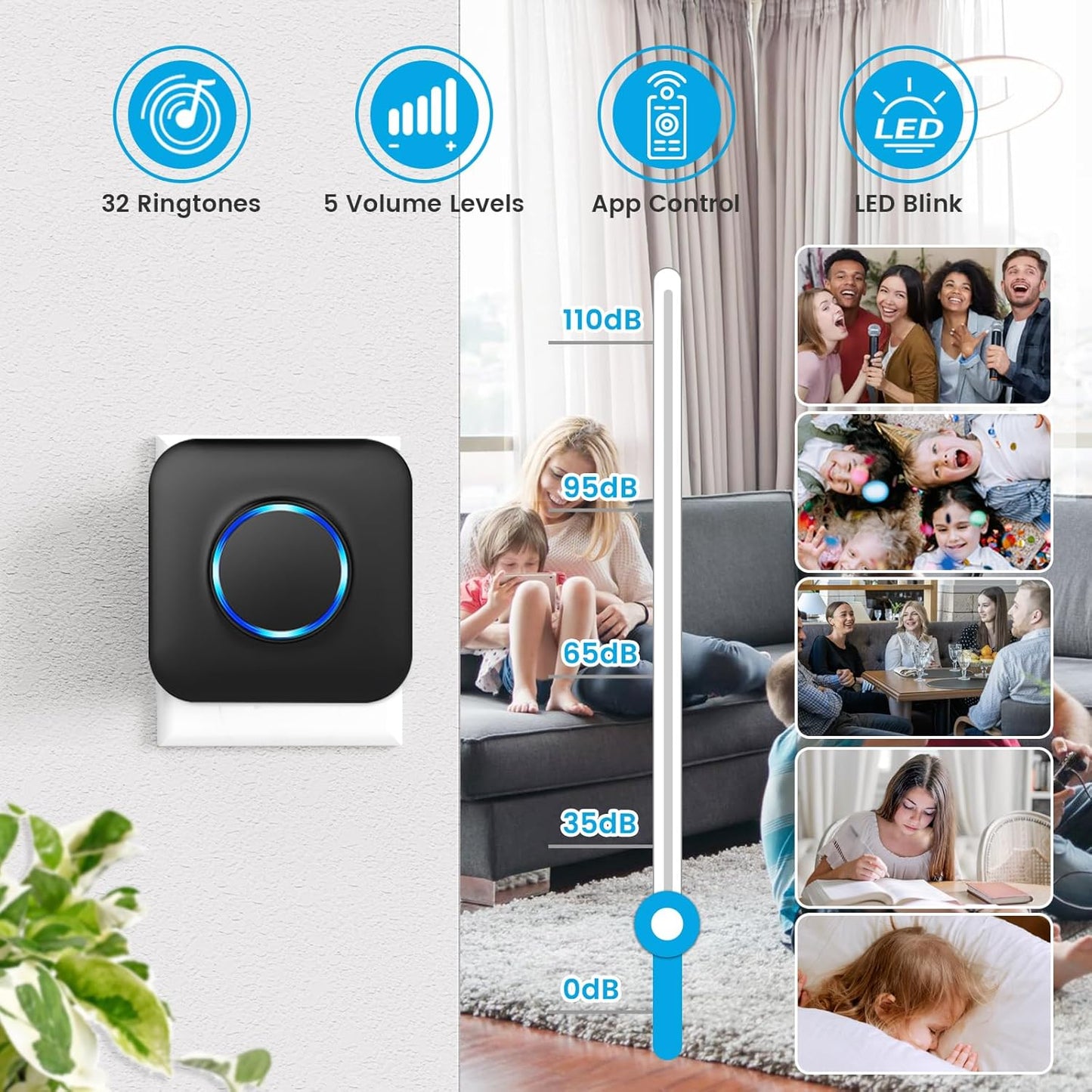 WiFi Doorbell Waterproof Outdoor, APP with No Subscription, 0-110dB Range Wireless Doorbell with 32 Melodies, Door Bell with Remote Notification, Door Bells with LED Flash for Homes, Offices