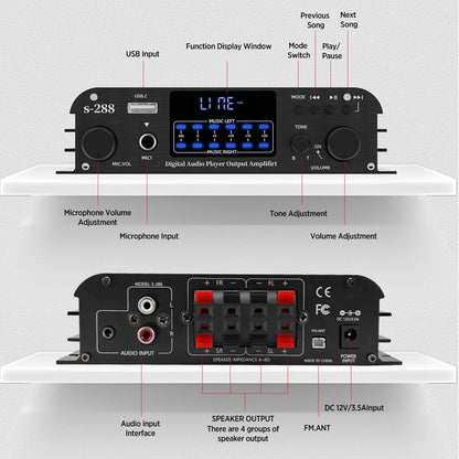 4.1 Channel Amplifier, 1200 W Mini HiFi Stereo Amplifier, Bluetooth 5.0 for Home Speakers 35 W x 4 from 110-240 V to DC 12 V with USB/Microphone/FM with Remote Control