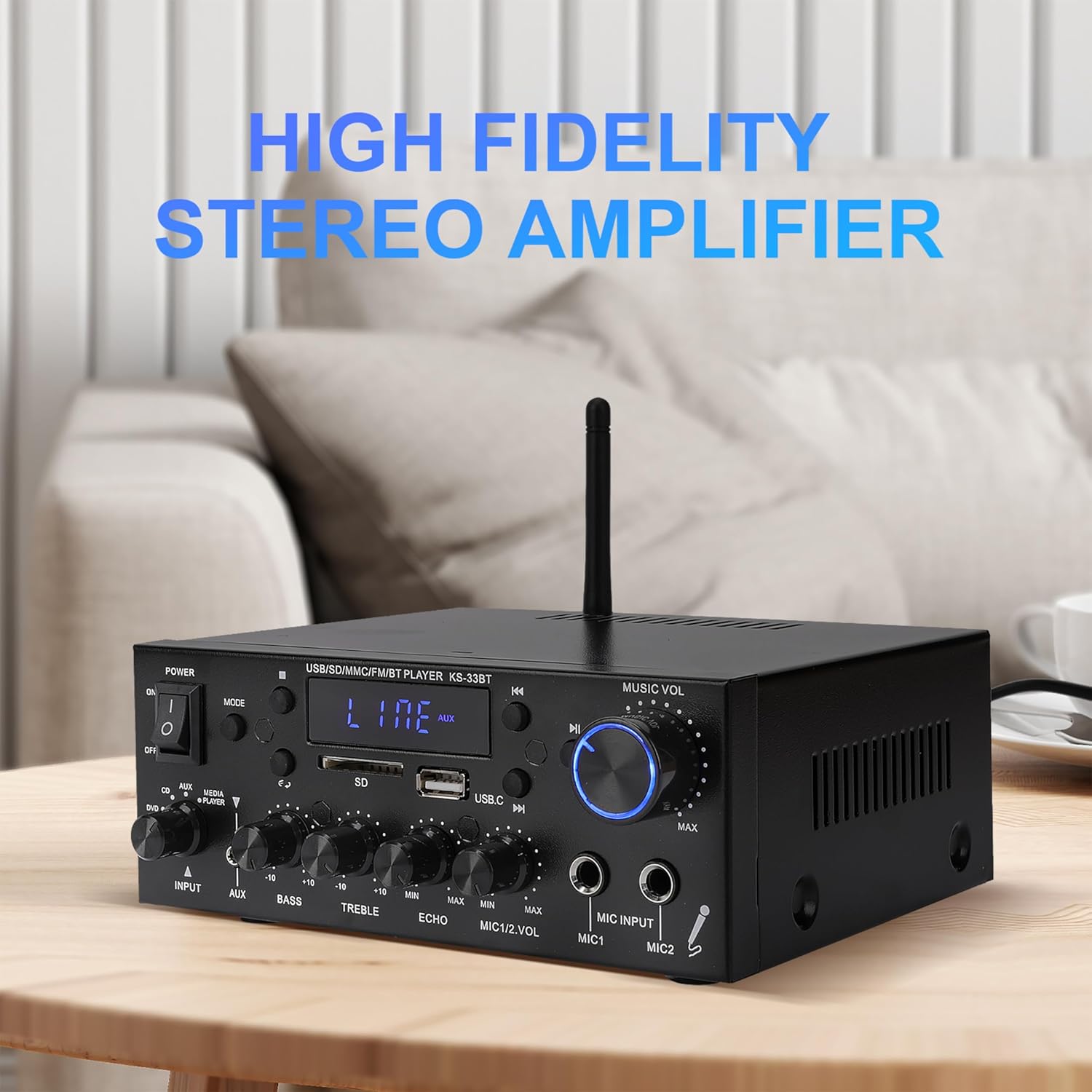 Mini Amplifier 60 W + 60 W Digital Power Amplifier Bluetooth Stereo Home Car Audio Amplifier USB SD FM MIC HiFi Digital Amplifier 12 V/230 V Mini 2CH 2 Channel I Mini Power Amplifier LCD Display