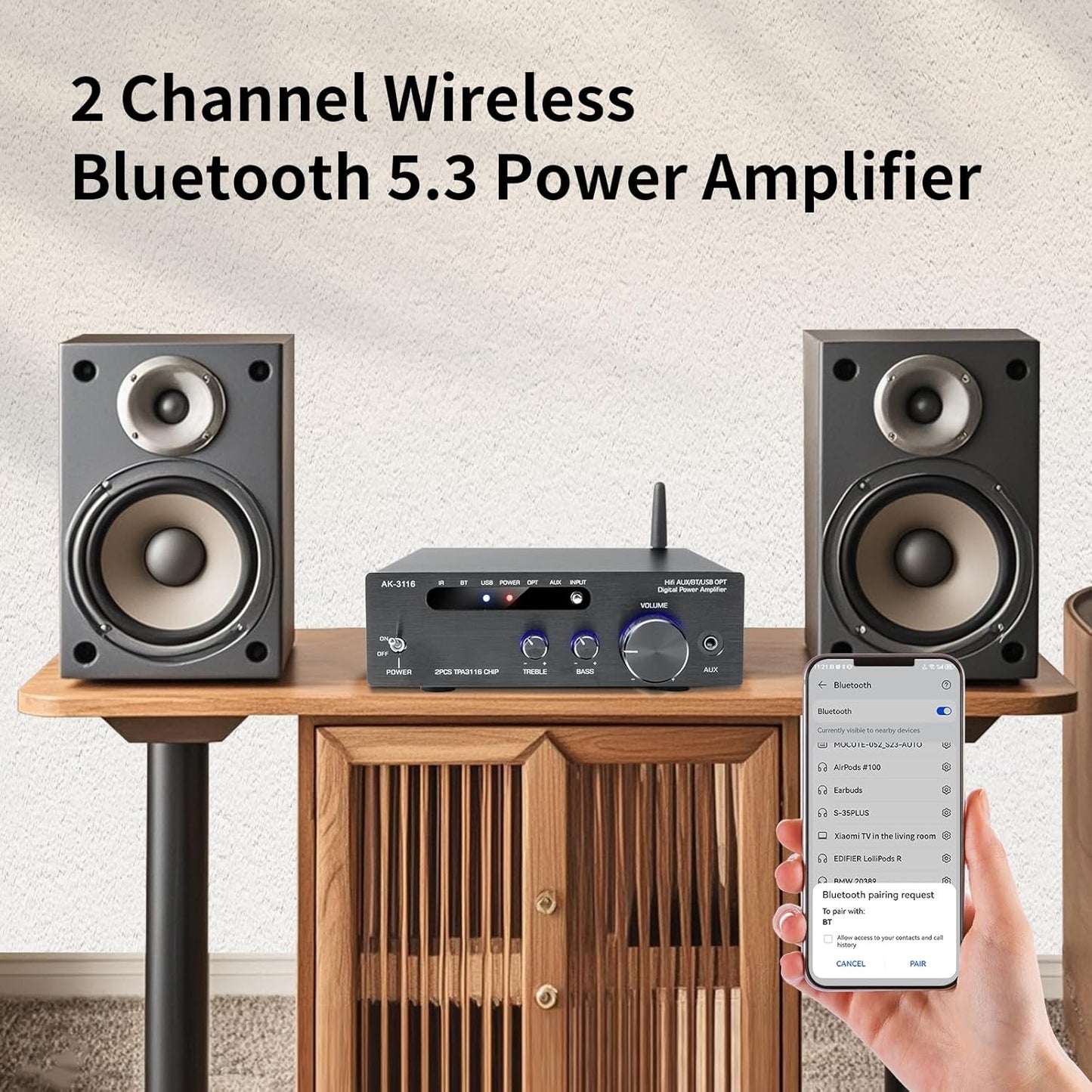 HiFi Amplifier, 2000W Mini HiFi Amplifier, 2.0 Channel 100W*2 Bluetooth 5.3 TPA3116 Chip Stereo Audio Amplifier, Digital Power Amplifier Sound Amplifier, Opt/AUX/USB Card Input, for Home or Car