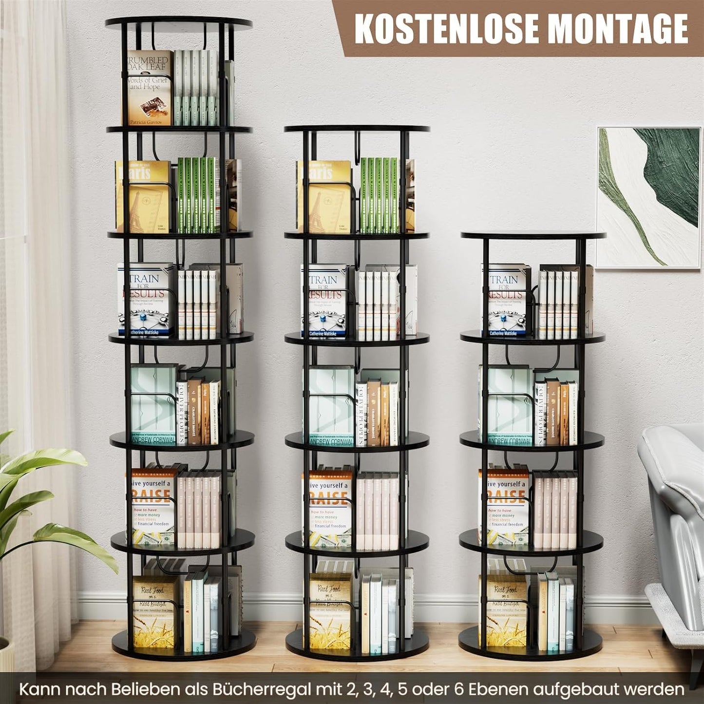 Biblioteca rotativa Generisch 6 niveluri 45x45x193 cm neagra