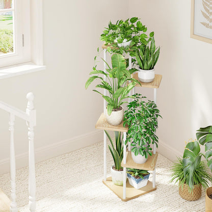 Suport plante Bamworld 5 niveluri alb metal si lemn 106.7 cm