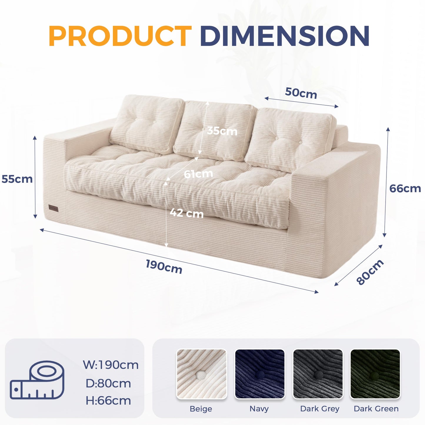 Canapea MAXYOYO 3 Seater Corduroy 190 cm, cu brate si tufting