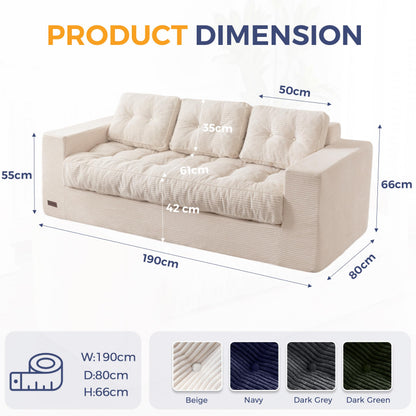 Canapea MAXYOYO 3 Seater Corduroy 190 cm, cu brate si tufting