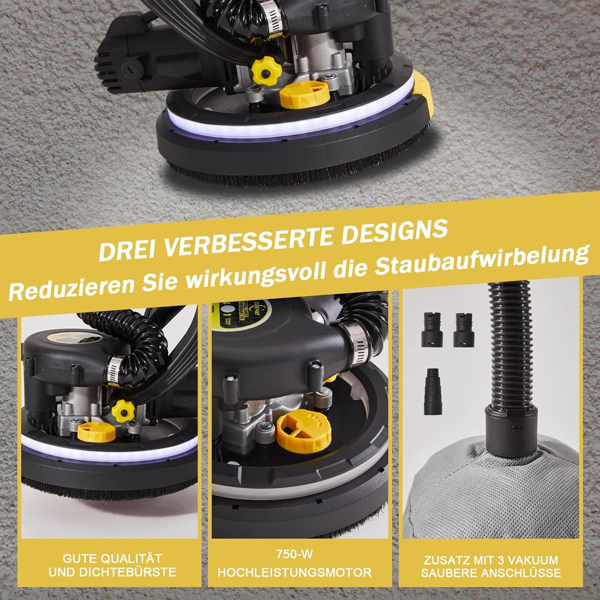 Slefuitor telescopic pentru gips-carton CUBEWAY, 750 W, cu aspirare praf, LED, 215 mm, galben