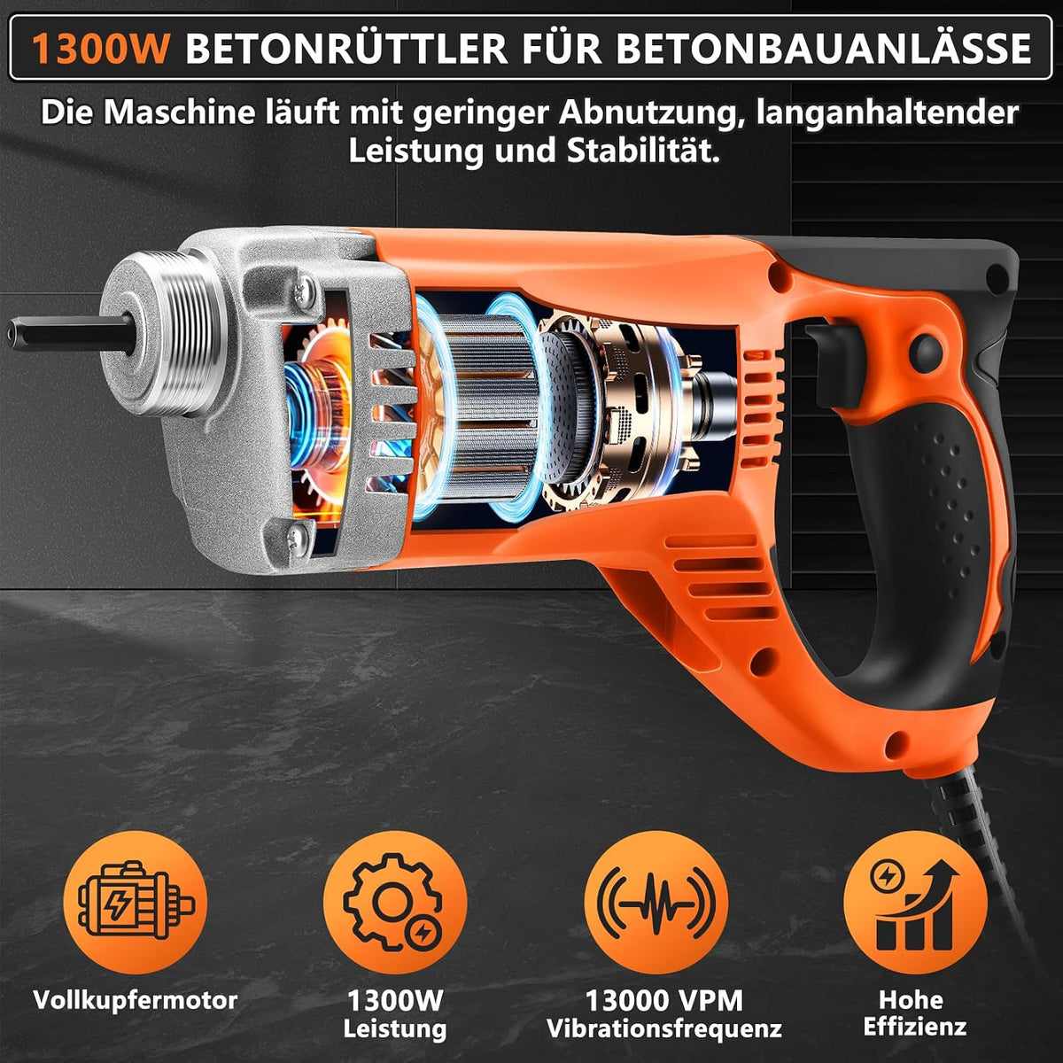 Vibrator electric TOKKOT pentru beton, 1300 W, tija de cupru 1,5 m