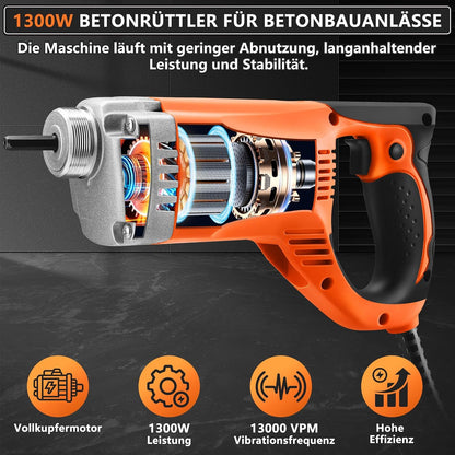 Vibrator electric TOKKOT pentru beton, 1300 W, tija de cupru 1,5 m