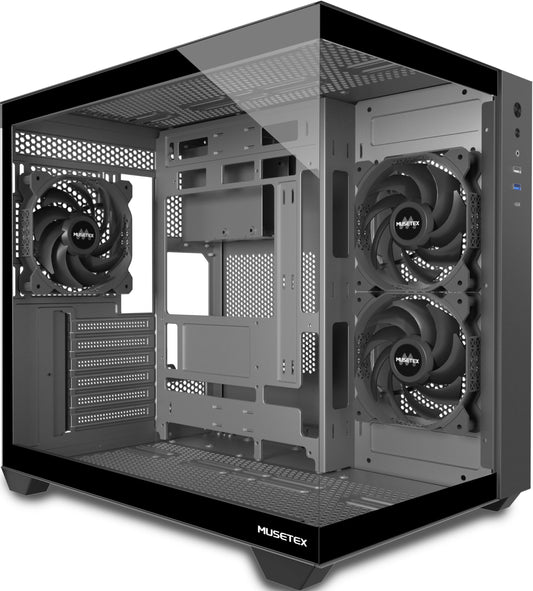 Carcasa PC Mid Tower ATX Y6 MUSETEX + sticla 270° + USB-C, Neagra