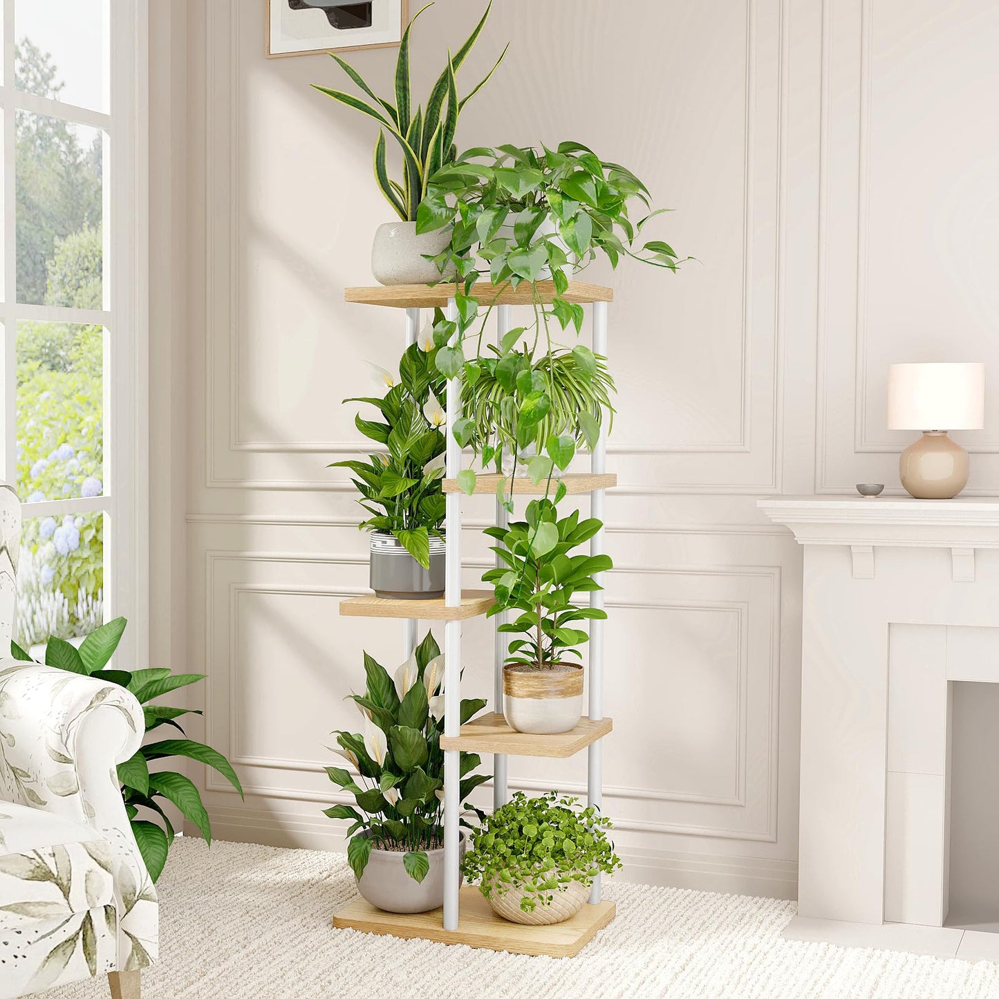 Suport plante Bamworld 5 Tier Metal Alb 5 niveluri 60 lb