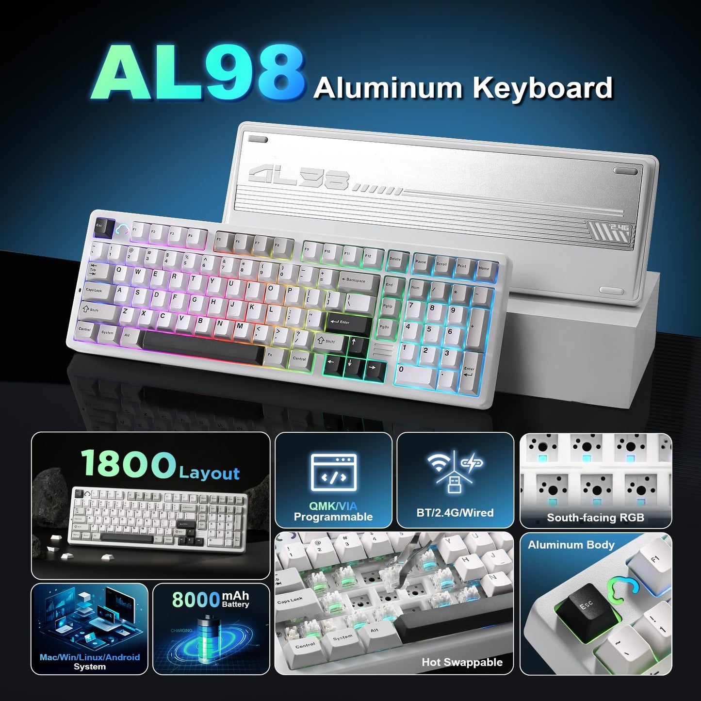 Tastatura mecanica YUNZII AL98 QMKVIA wireless 8000mAh RGB