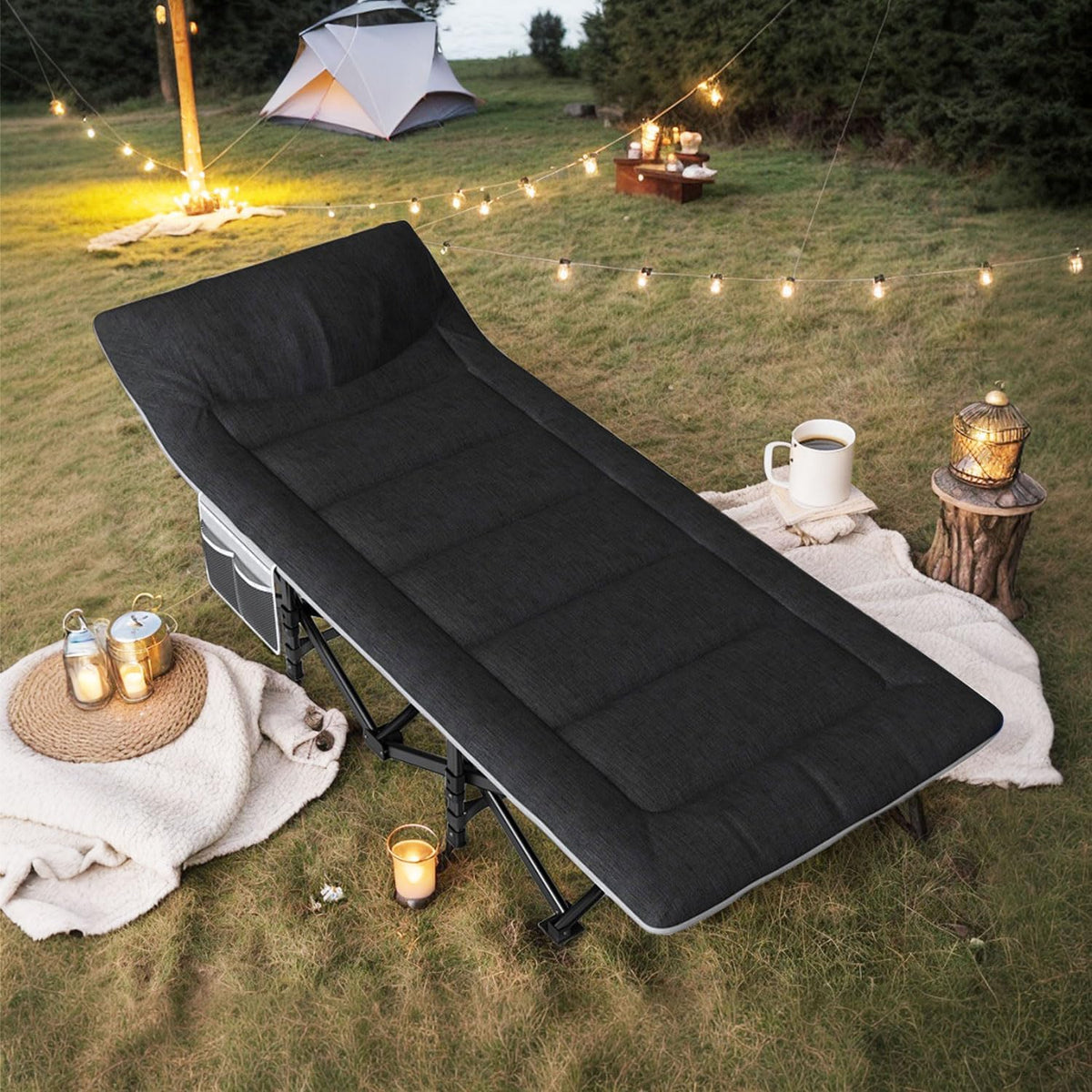Pat pliabil de camping ATORPOK SHOP pentru adulti, 200 kg, negru