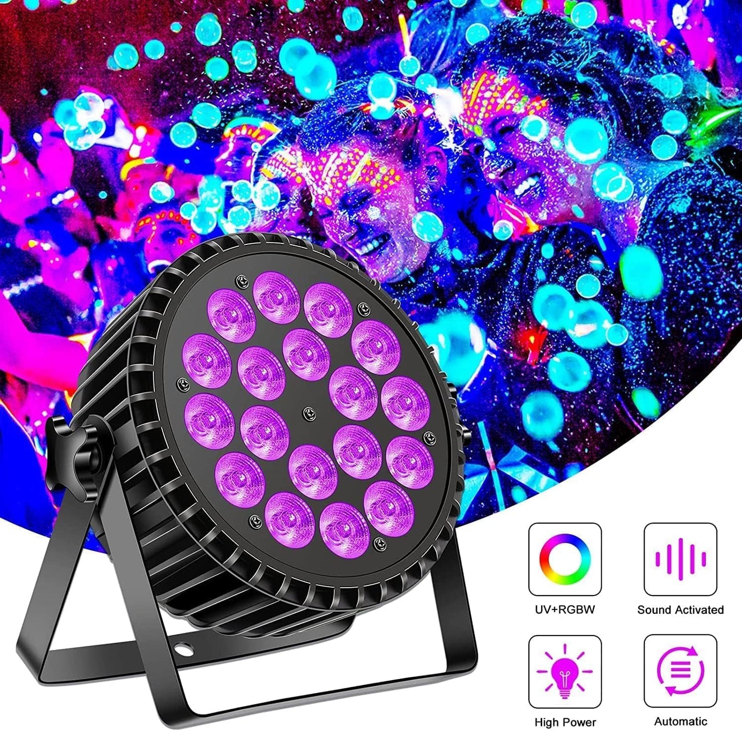 200 W 18 LED Par UV + RGB Stage Light Spotlight, DMX512 Disco Light, Party Light, 8CH Par Spotlight, Strobe/Sound/Active Mode Lighting DJ Light Effect for Show Bar Party Music Festival Halloween